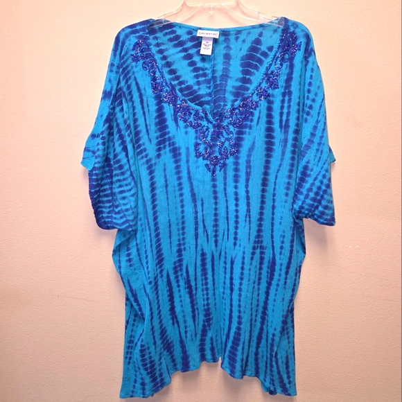 Catherines 2x caftan Tie Dye Swim Cover Up 100% Cotton Blue & Teal - Picture 1 of 7
